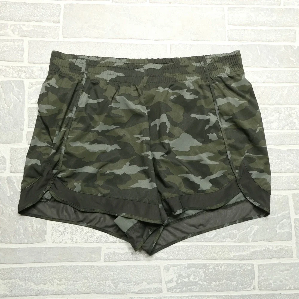 Athleta Printed Mesh Racer Run Shorts Womens 1X Green Camo‎ Athletic Running